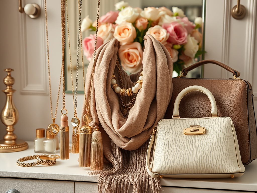 Een stijlvolle verzameling accessoires: kettingen, sjaal, handtassen en bloemen in een elegante setting.