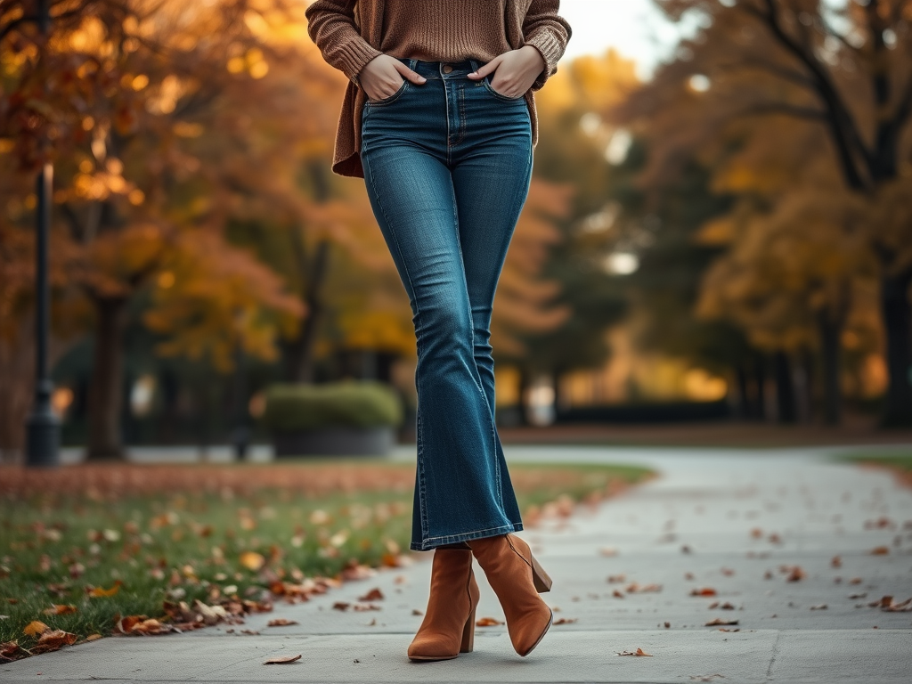 Een vrouw in een park draagt jeans en bruin gevest, omringd door herfstbladeren en bomen.