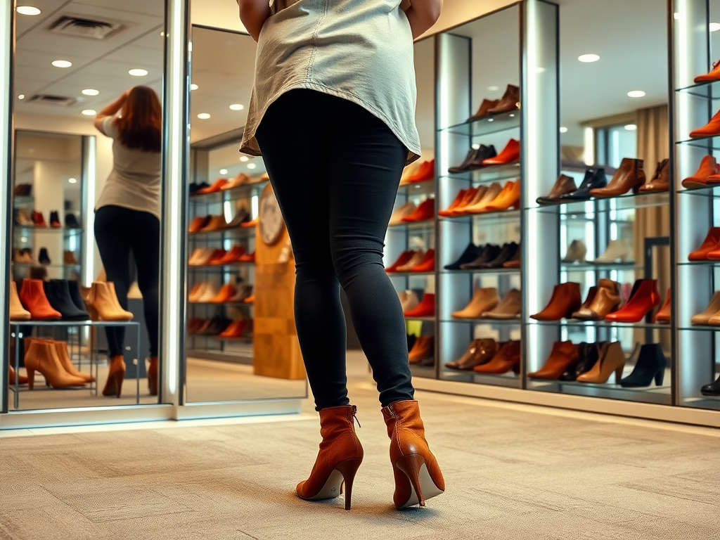 Een vrouw bekijkt haar spiegelbeeld terwijl ze schoenen in een winkel uitprobeert. Achtergrond vol schoenen.