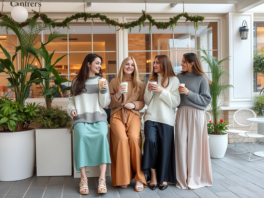 Vier dames in stijlvolle outfits, genietend van hun drankjes, staan samen in een sfeervolle ruimte met planten.