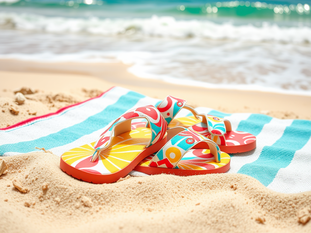 Kleurrijke slippers liggen op het zand naast een gestreepte handdoek, met de zee op de achtergrond.