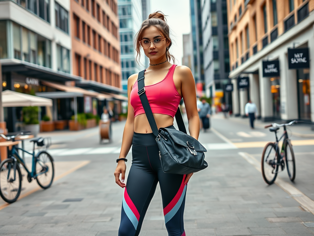 Een jonge vrouw in sportkleding met een tas in een stedelijke omgeving, omringd door fietsen en gebouwen.