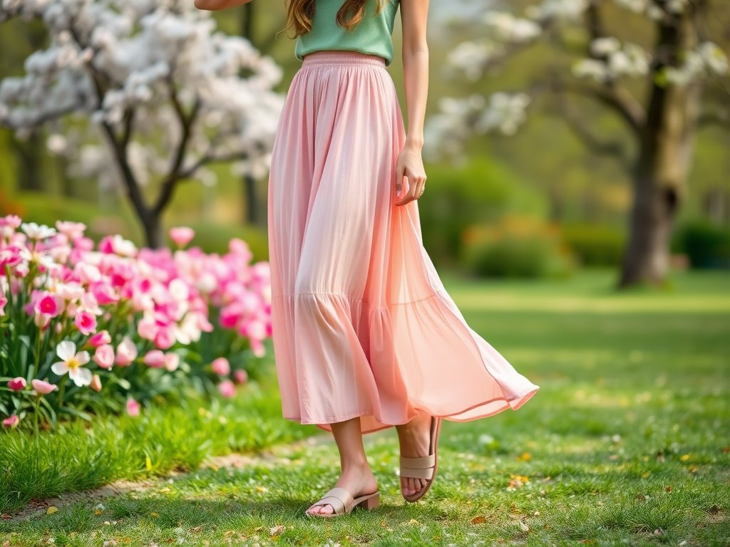 Een vrouw in een lichtroze rok wandelt tussen kleurrijke bloemen in een zonnige tuin.