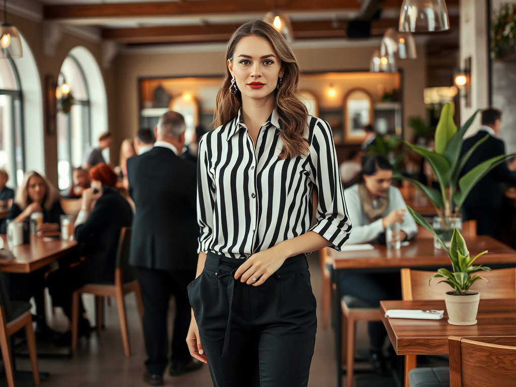 Een vrouw in een gestreepte blouse staat in een druk restaurant met mensen op de achtergrond.