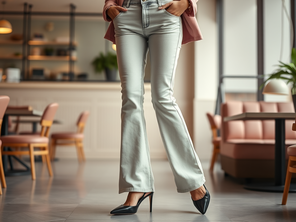 Een vrouw staat in een café, gekleed in lichte jeans en zwarte hoge hakken. Restaurantinterieur op de achtergrond.