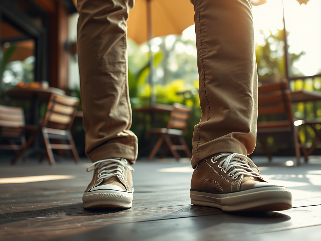 Een persoon in een café met lichtgekleurde schoenen en beige broek, terwijl ze over de houten vloer lopen.
