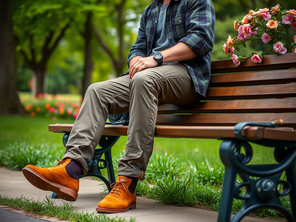 Een persoon in een park zit op een bank, gekleed in een spijkerhemd en opvallende oranje schoenen.