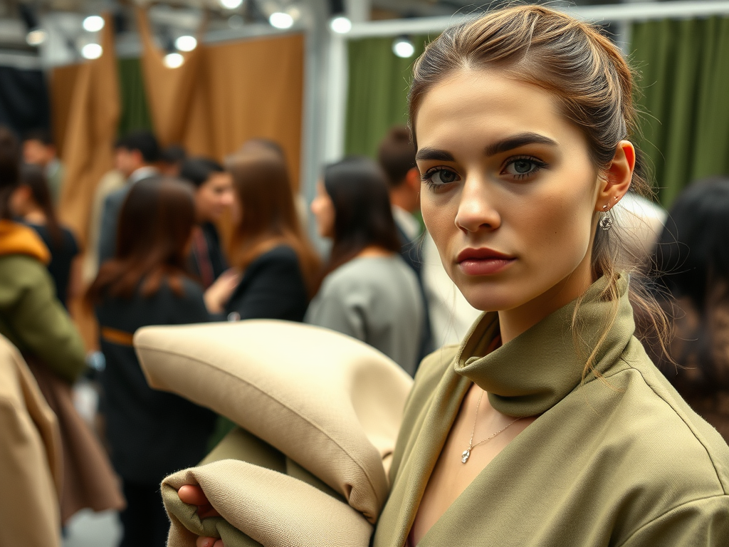 Een jonge vrouw met een groene outfit en een beige doek in haar handen, kijkt nieuwsgierig naar de camera.