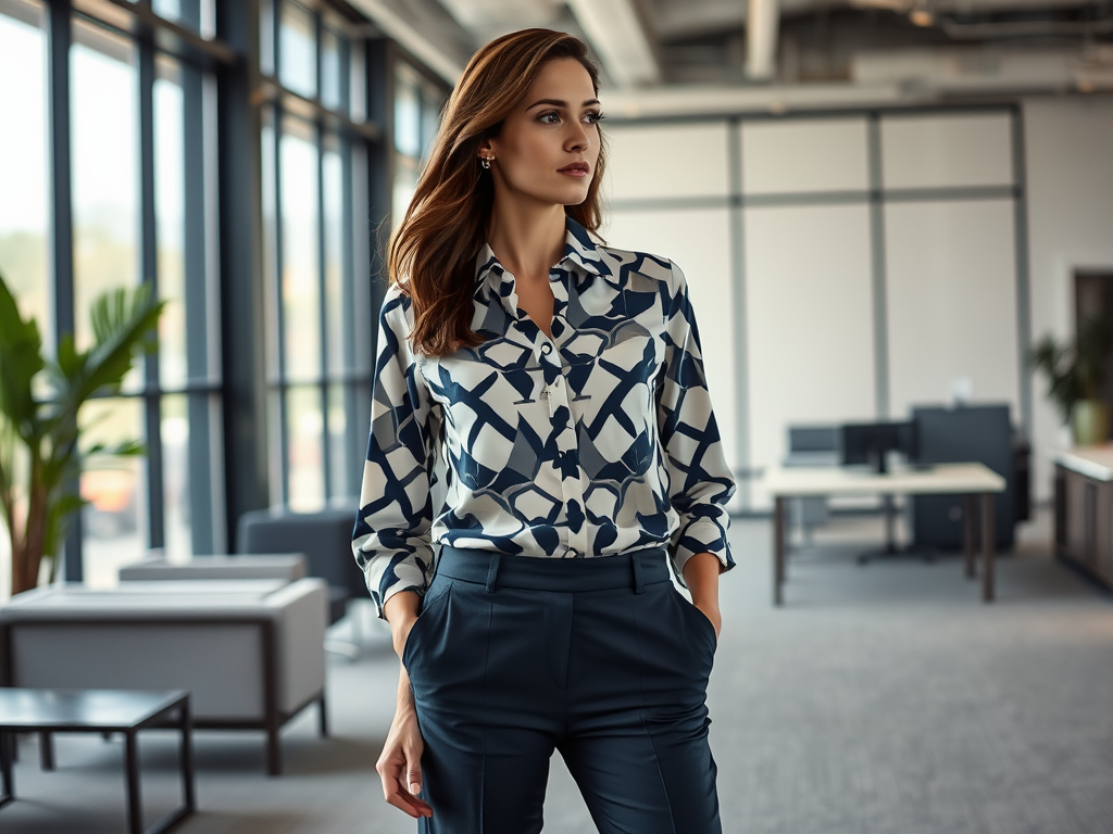 Een vrouw in een zakelijke outfit staat in een moderne kantooromgeving met grote ramen en groene planten.