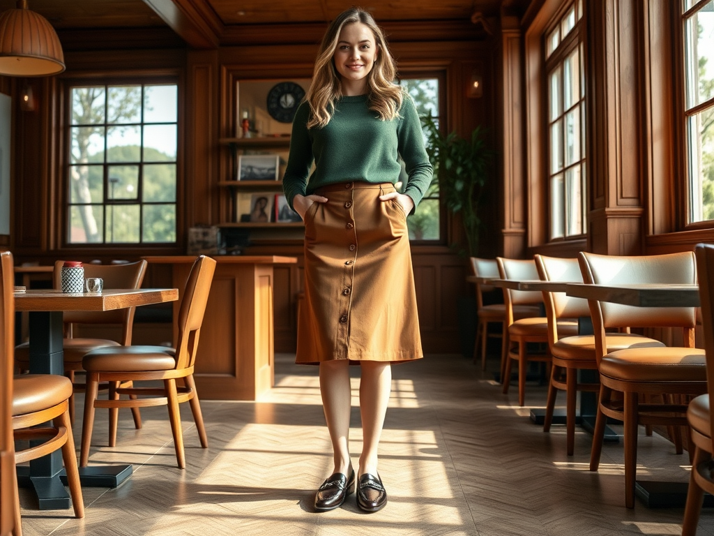 Een vrouw in een groene trui en een bruine rok staat in een houten interieur met grote ramen.